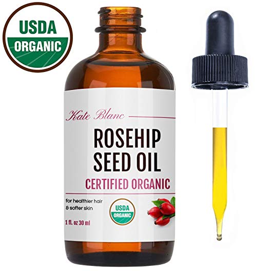 Rosehip Seed Oil by Kate Blanc. USDA Certified Organic, 100% Pure, Cold Pressed, Unrefined. Reduce Acne Scars. Essential Oil for Face, Nails, Hair, Skin. Therapeutic AAA+ Grade (1 oz)