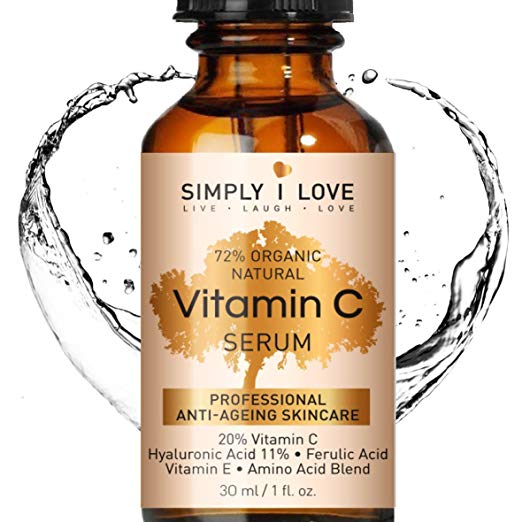 Simply I Love Vitamin C Serum 20% for Face & Eyes, ORGANIC, Vitamin E, 11% HYALURONIC & FERULIC ACID. Amazing Anti Aging. Repair Sun Damage, Fade Age Spots, Dark Circles, Wrinkles & Fine Lines.VEGAN