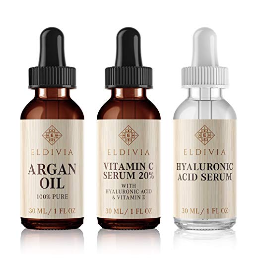 Trifecta - Vitamin C Serum & Vitamin E + Pure Hyaluronic Acid Serum + Argan Oil for Face, Skin & Eyes – Best Anti Aging Skin Care Gift Set – Acne Prone Skin - Anti Wrinkle, Fine Lines - Eldivia