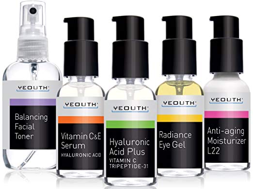 Best Complete Anti Aging Skin Care System, YEOUTH 5 Pack - Balancing Toner for Face - Vitamin C Serum - Hyaluronic Acid Serum - Eye Gel Cream - L22 Face Moisturizer 100%