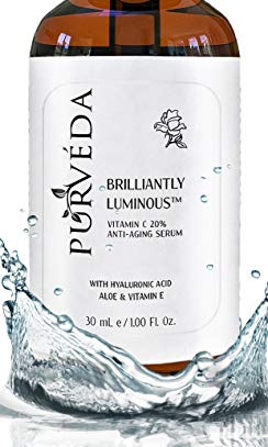 PURVÉDA Vitamin C Serum for Face with Hyaluronic Acid & Vitamin E - Brightens Skin, Softens Fine Lines, Exfoliates and Tones - Natural & Organic, 1 oz