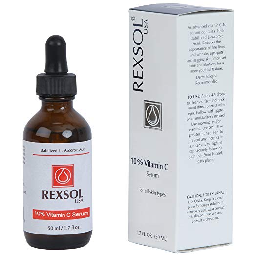 REXSOL 10% Vitamin C Serum Anti-wrinkle Firming | With Hyaluronic Acid, Chamomile Extract & Grape Seed Extract | Prevent photo-aging | Provides antioxidant protection. (50 ml/1.7 fl oz)