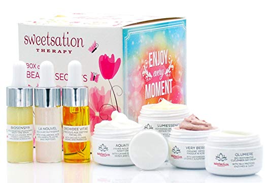 Sweetsation Therapy Box of Beauty Secrets. Travel collection of 8 Key Products. Facial Hyaluronic acid Serum, Facial Oil, Multi Vitamin Serum, Anti aging moisturizer, Eye cream.