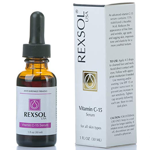 REXSOL 15% Vitamin C Serum Anti-wrinkle Firming | Natural Antioxidant for fine lines and wrinkles Firm and Youthful formula | With Hyaluronic Acid, Chamomile & Grape Seed Extract (30 ml/1 fl oz)