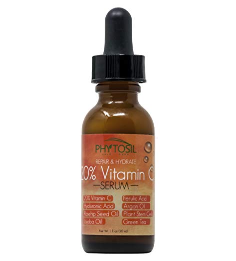 New!! 20% Vitamin C Serum- With Hyaluronic Acid, Ferulic Acid, Argan Oil, Vitamin E, Rosehip Seed Oil, Plant Stem Cells- Fights Wrinkles & Airbrushes Skin to Perfection - Phytosil 1 OZ (Clear)