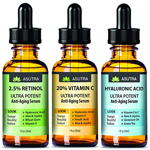 ASUTRA 3 Bottle Value Pack - Anti-Aging Serum Set - 20% VITAMIN C (1oz) | 2.5% RETINOL (1oz) | HYALURONIC ACID (1oz) Best Deal On Amazon + FREE E-Book