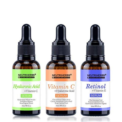 NEUTRIHERBS 3 PCS Natural Face Serum Kit, Contains Vitamin C Serum for Whitening, Hyaluronic Acid Serum for Anti Aging, Retinol Serum (Vitamin A) for Acne removal 30ml/pc