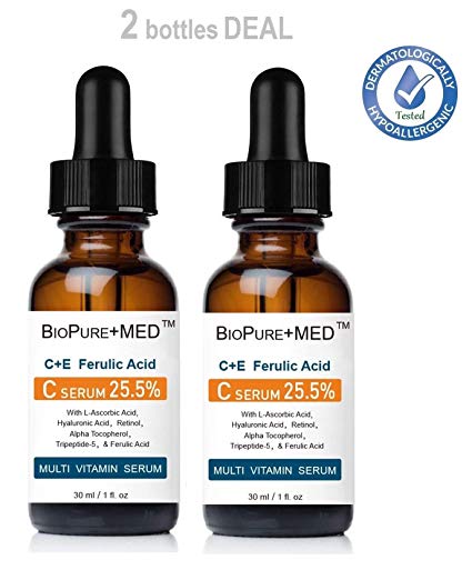 BioPureMED 25.5% Vitamin CE+Ferulic Acid Serum for Face: Brightening Anti Wrinkle Serum with Tripeptide-5, Retinol, Hyaluronic Acid tns Best Korean Organic Vitamin C Serum X 2 Bottles (2 BOTTLE)