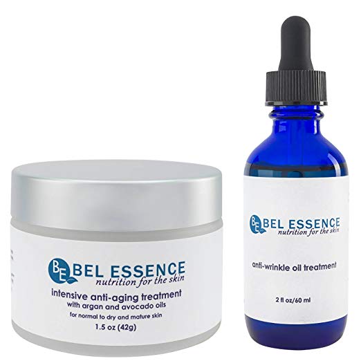 Bel Essence Intensive Organic Anti-Wrinkle, Anti-Aging, Anti-Oxidant Facial Lift Skin Care Cream and Oil Treatment Serum Formula Combination Value Pack